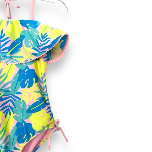 Cat & Jack Tropical Neon Floral Ruffle Halter Neck One Piece Swimsuit Size 4/5 - Picture 2 of 5